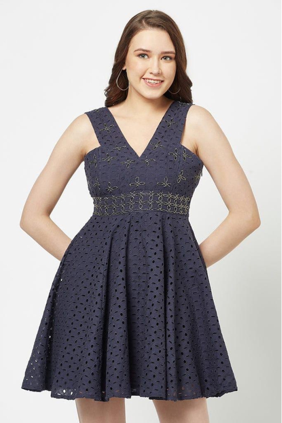 Navy Blue Schiffli Dress