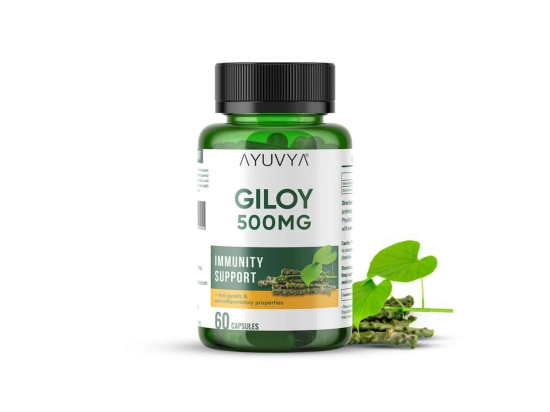 Ayuvya Giloy Capsules || 500mg Pure Guduchi Powder & Extract - Immunity Booster & Liver Support Supplement, 60 Capsules