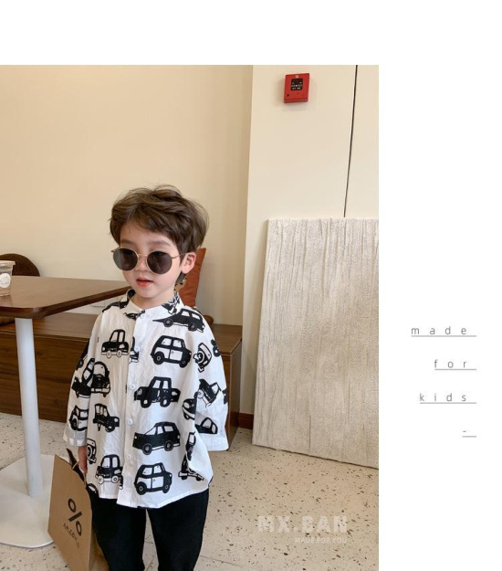 Children's Clothing Boys' white car Printed Short-Sleeved Shirt Summer Children Pure Cotton Shirt SprinG-6_12_MONTH