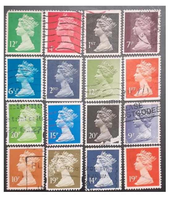 Extremely Rare Queen Elizabeth II, Machin Series Postage Lot of 16 Stamp UK 1969,,,,Collectible