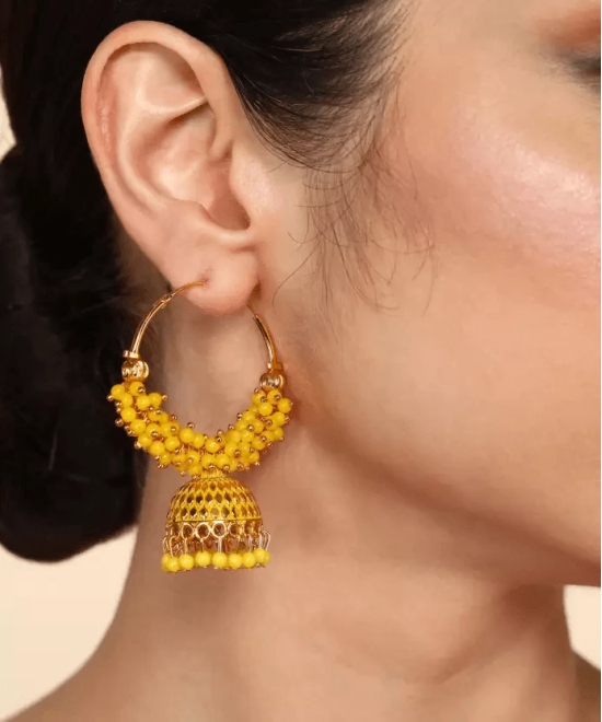 Traditional Yellow Color Oxidized Big hoop (Bali) Jhumka Earrings for Women. Alloy Jhumki Earring, Drops & Danglers, Chandbali Earring, Earring Set