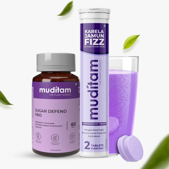 Muditam Ayurveda Sugar Management Kit Karela Jamun Fizz and Sugar Defend Pro Effervescent Tablets(Karela Jamun Juice)|Helps in High Sugar Condition|Promotes Healthy Glucose Levels| Ideal For 2 Months