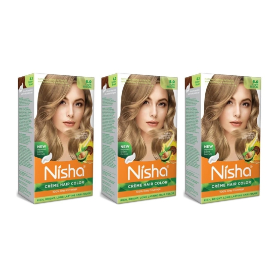 Nisha Creme Hair Color 8.0 Light Blonde 120g Pack of 3, Permanent Hair Colour for Long Lasting Hair, 100% Grey Coverage