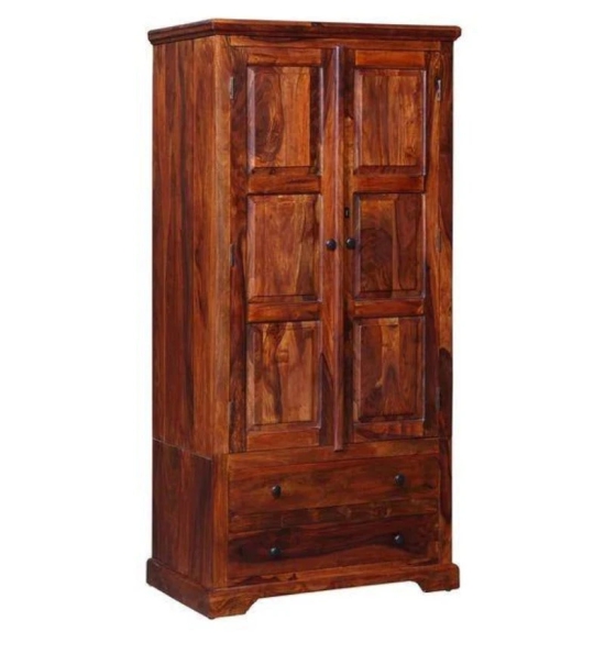 Solid Teak Wood 2 Door Wardrobe Honey Finish-Brown