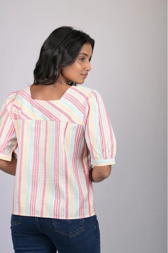 Magic cotton for women western wear Light Pink Striped Top With Square Neck (OTL-TPS1069)-Pink / XXL