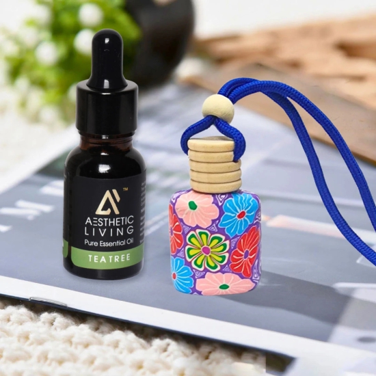 Aesthetic Living Floral Car Aromatizer/ Diffuser Bottle with Essential Oil (Multi Shape Floral-8 ml+ Tea Tree Essential Oil, 15 ml)