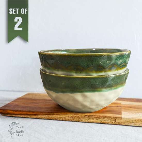 The Earth Store Studio Pottery Dual Tone White Green Ceramic Snack Bowls Set of 2 for Serving Pasta, Noodle, Maggi, Cereal Microwave Safe Salad Bowl, Mixing Bowl for Snacks