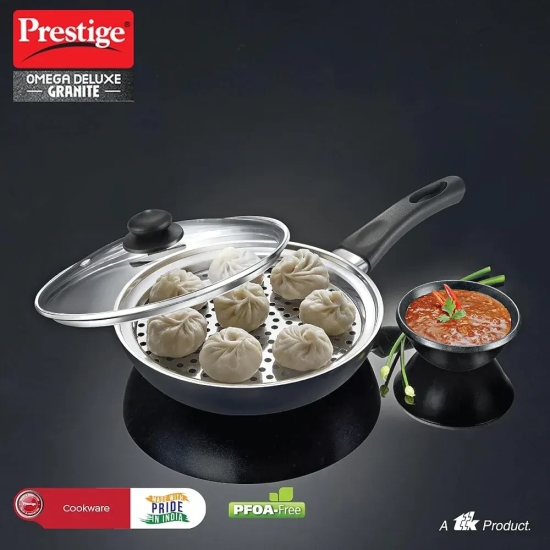 Prestige Omega Deluxe Granite 20 cm Multi-Pan with Egg Poacher & Steamer | Black & Silver