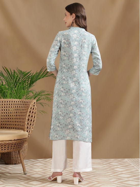 Rangita Women Rayon Light Blue Printed Calf Length A-line Kurti - None