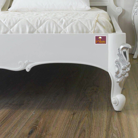 Super King Size Teak Wood Bed Hand Carved with Cushioned Design-White