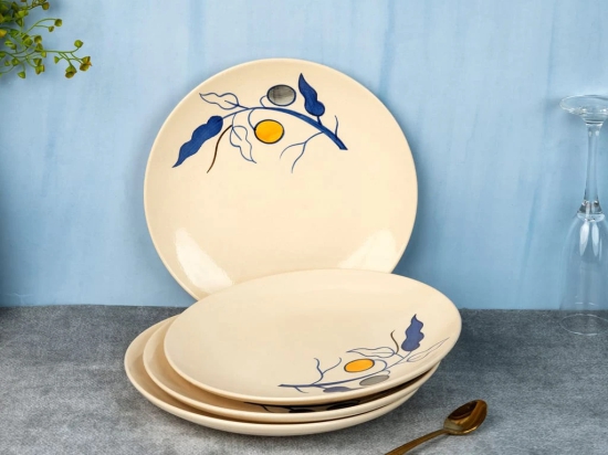 Handcrafted Reactive Glaze Ceramic Dinner Plates, 4 Pieces Serving for 4, Microwave and Dishwasher Safe, Bone-ash Free, Full Plate Set Crockery for Dining and Gifting, Feather White