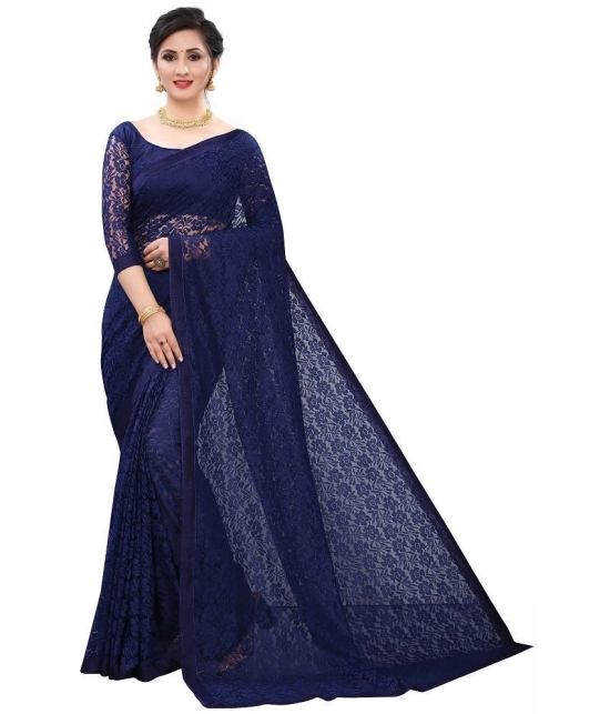 Saadhvi Net Embroidered Saree With Blouse Piece - Navy Blue ( Pack of 1 ) - Navy Blue