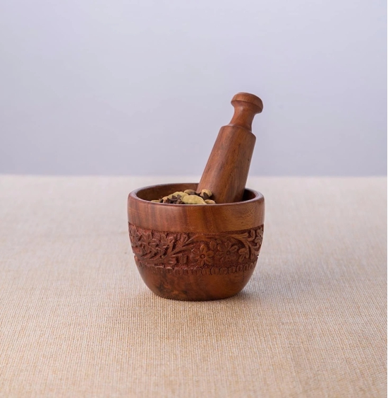 Brown Wood Kitchen Tool Set (Wood Carved Pestle and Mortar)-Brown