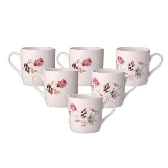 Clay Craft Ceramic Floral 200 ML Coffee & Tea Mugs | Microwave Safe | White | Set of 6 Pcs