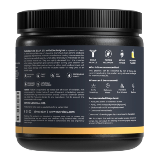 Nutrabay Gold BCAA 2:1:1 with Electrolytes - 5g Vegan BCAAs, Pre/Post Workout Energy Drink - 250g, Pineapple