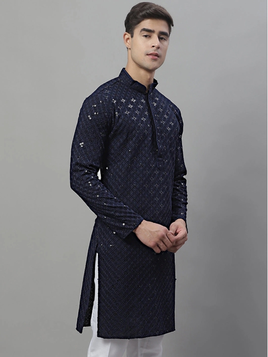 Mens Navy Blue Chikankari Embroidered and Sequence Kurtas-M / Navy-Blue