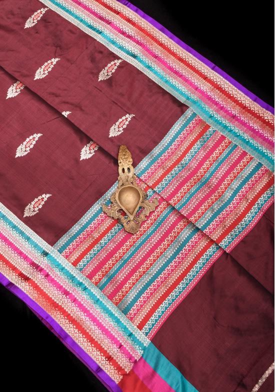 Multicolor Border Brown Pure Banarasi Katan Silk Saree with Meenakari Buttas | SILK MARK CERTIFIED