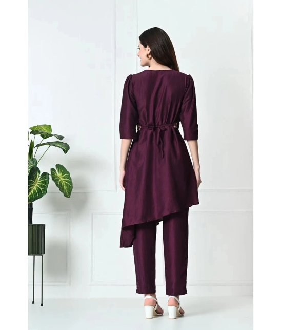 Desinoor.com Wine Embroidered Pant Top Set - None