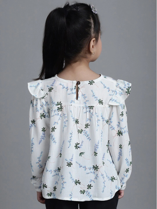 MINI & MING Girls Floral Printed Round Neck Puff Sleeves Pleated Blouson Top