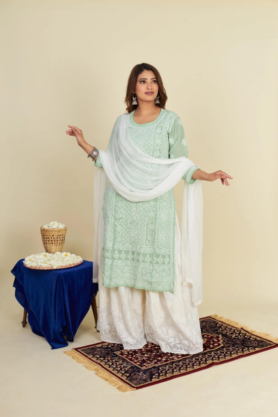 Georgette Chikankari  kurti- Pista Green-Pista Green / M