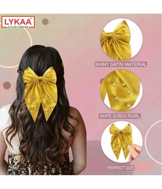 Lykaa Large Satin Hair Bow with Pearls Longtail Clips Hair Accessories for Women -1 Pcs (Multicolor) - Mustard