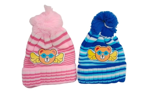 Striped Knit Beanie Hat with Pom Pom for Kids