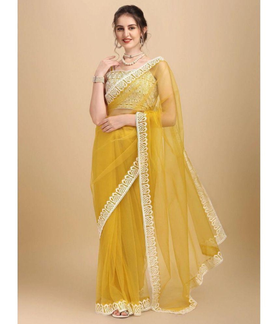 Rangita Women Solid Embroidered Net Saree with Blouse Piece - Yellow - Yellow