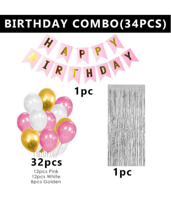 Party Propz Happy Birthday Decorations For Girls Combo Set- Pink White Gold Metallic Balloons, Happy Birthday Bunting, Foil Curtain- Girls, Women, 1st, 2nd, 3rd, 4, 5,6th - 34Pcs - Multi-Col