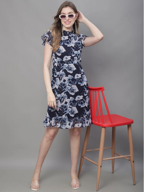 MINI & MING Floral Printed High Neck Georgette A-Line Dress