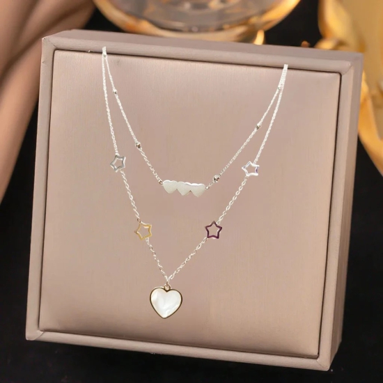 Jewelryklub Double Layer Heart Shaped Pendant Love Hollow Star Silver Plated Stainless Steel Necklace Chain For Girls Women Ladies Girlfriend Wife Western Valentine Gifts Birthday Lovers