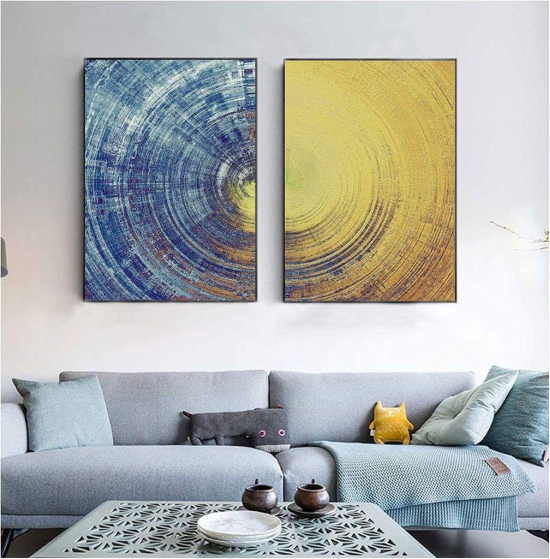 Euroxo Glossy Blue And Yellow Circles Pattern MDF with metal frame Painting Modern Wall Art Pictures For Home Decor 60x80cm(24x31in)x2