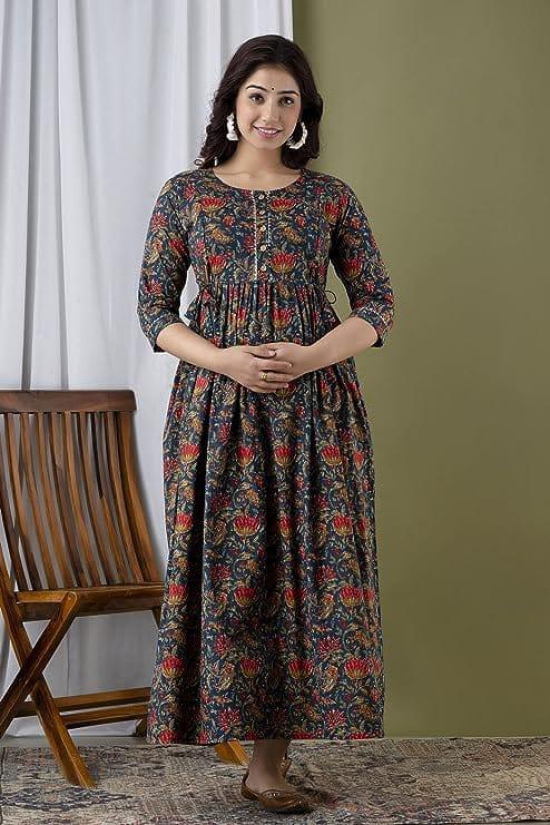 KASHVI Creation Women's Cotton Floral Printed Anarkali Maternity Feeding Kurti-Navy Blue