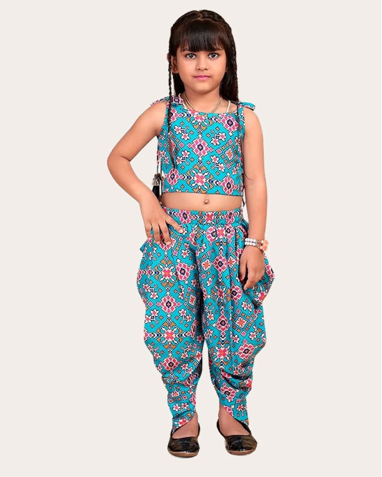 Girls Printed Stylish Flared Palazzo With Crop Top | Silk & Rayon Palazzo Set-Blue / 2 Years-3 Years