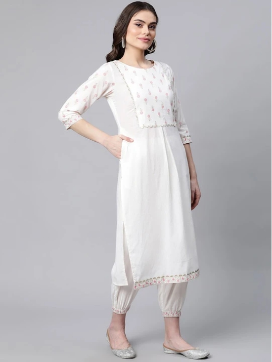 Women Off White Floral Yoke Design Gotta Patti Pure Cotton Kurta with Trousers