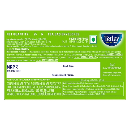 Tetley Green Tea - Immune With Added Vitamin C, Ginger, Mint & Lemon, 90 G (25 Bags X 3.6 G Each)