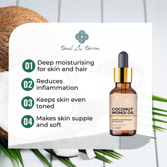 Teal & Terra Organic Coconut Monoi Oil | Hydrating, Rejuvenating Therapy | Hair & Skin Nourishment, Even-Toned Skin | 100% Natural, Chemical-Free | Multi-Use for Skin & Hair (30ml)