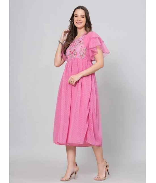 HIGHLIGHT FASHION EXPORT Crepe Embroidered Midi Womens Fit & Flare Dress - Pink ( Pack of 1 ) - None