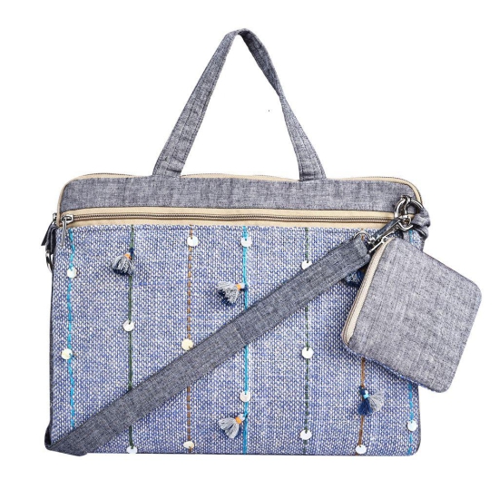 Laptop Bag In Blue Linen Cotton With Handwork