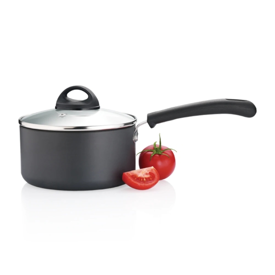 Premier Trendy Black Hard Anodised Sauce Pan with Glass Lid - 18 cm