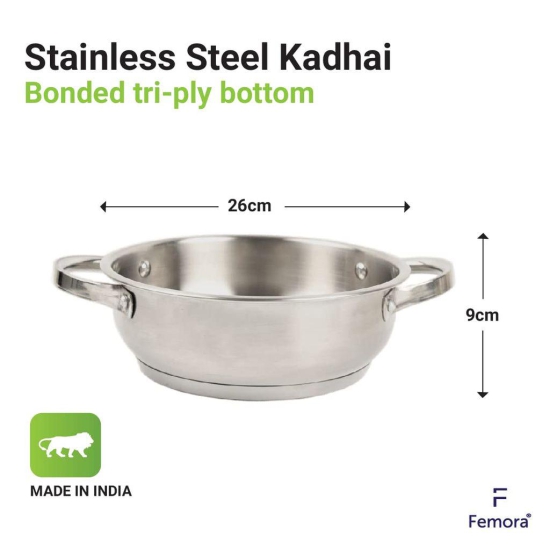 Femora Platinum Bottom Triply Stainless Steel Kadhai - 26 cm (Induction & Gas Friendly), Silver, 26cm