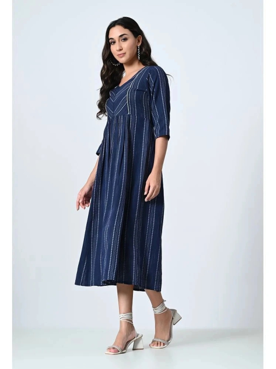 AMBI Cotton Blend Striped Midi Womens Fit & Flare Dress - Blue ( Pack of 1 ) - None