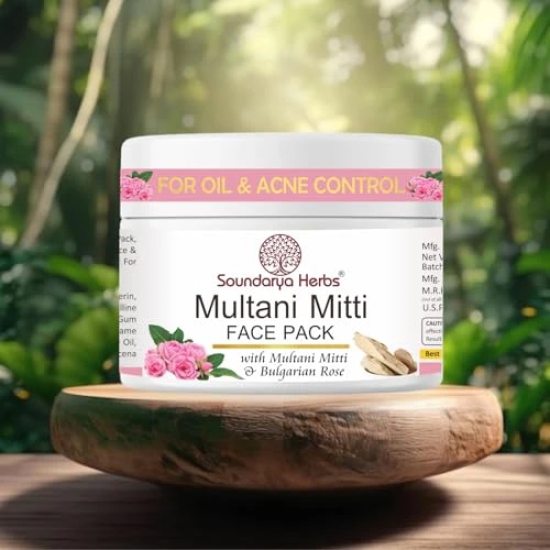 Soundarya Herbs Multani Mitti Face Pack with Multani Mitti and Bulgarian Rose, for Oil and Acne Control