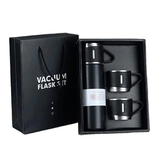 Stainless Steel Vacuum Flask Set with 3 Steel Cups | Black | Set of 3 Pcs