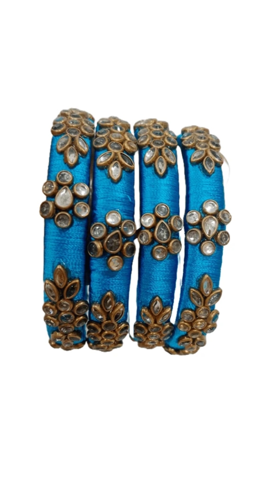 Set of 4 Blue Silk Thread Bangles with Stone and Pearl Embellishment