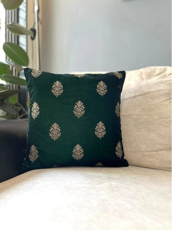 Luxury Velvet Golden Thread Embroidery Bottle Green Designer Cushion Cover Size 16x16