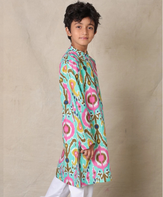 AQUA IKAT PRINTED PURE COTTON KURTA - AQUA-9-10 YEARS / 1N / AQUA