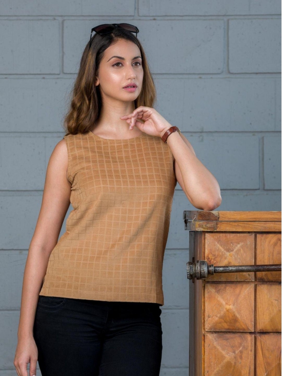 Brown Self Design Sleeveless Top-L