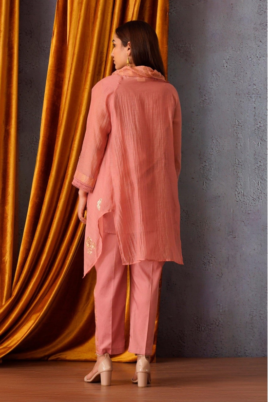 Pink sequin embroidered asymmetric tunic with cowl neck-L / With Pants