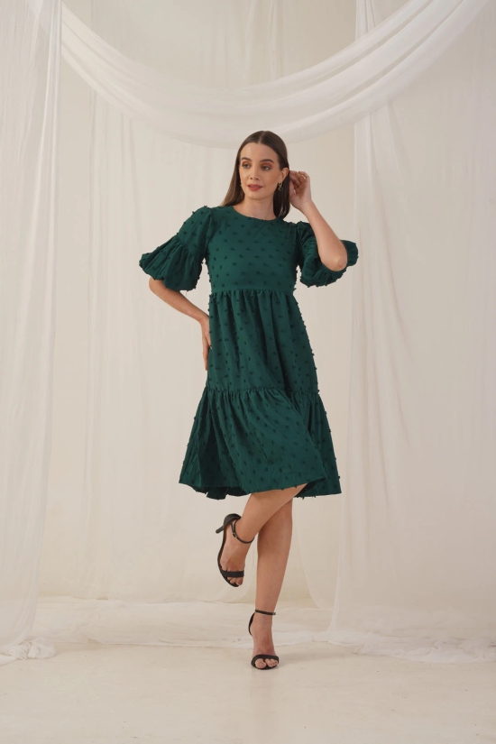 Women Georgette Puff Sleeves Tiered Dress-L / Green