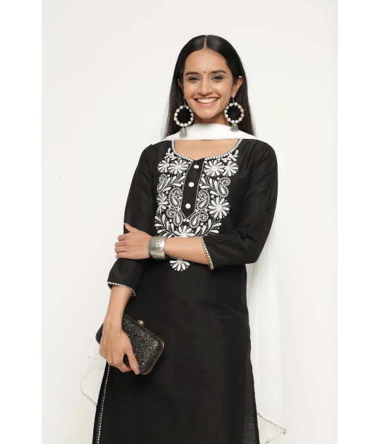 aayusika Silk Blend Embroidered Kurti With Pants Womens Stitched Salwar Suit Black Pack of 1 None